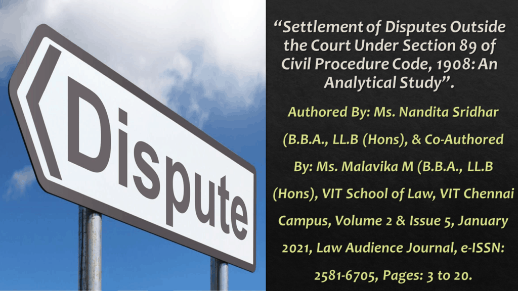 Volume 2 Issue 5 Settlement of Disputes Outside the Court Under